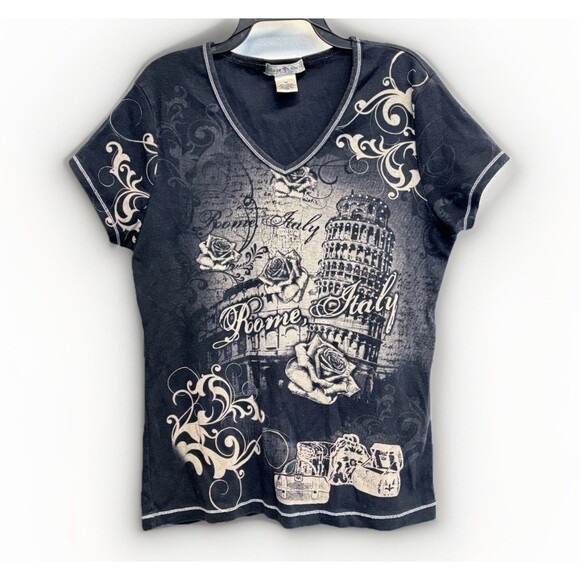 Vintage Suzie Y2k Italy Black Fitted T Shirt Grunge Sz M Embellished 90s Blue - Picture 1 of 6